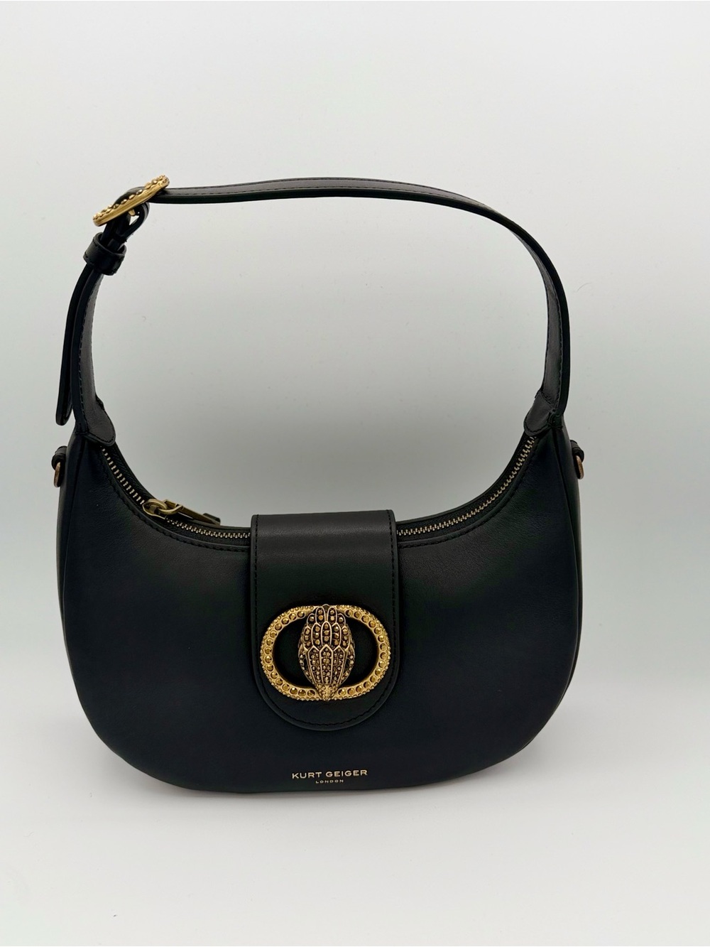 New Kurt Geiger Black Leather Shoulder Bag with Gold Emblem